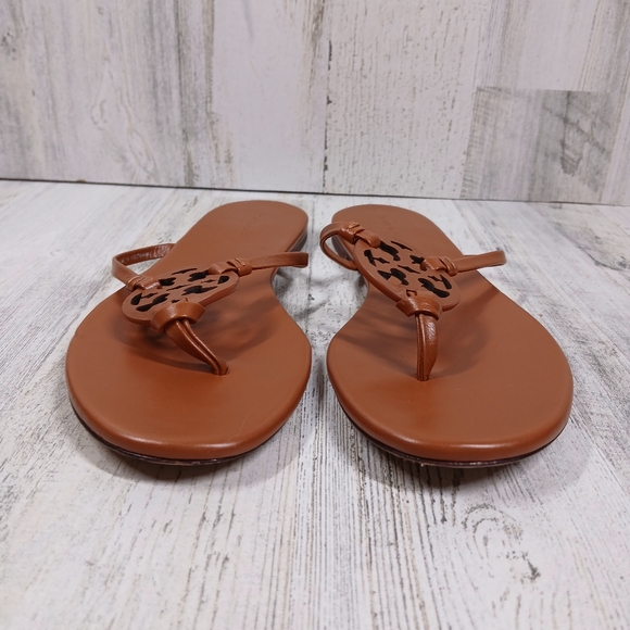 Tory Burch Miller Vintage Vachetta Leather Logo Thong Sandals #383 - Picture 4 of 10